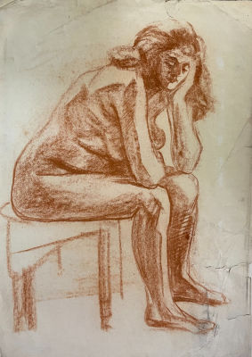Обнажённая на стульчике. Ткаченко В.И.1968 год. Сангина, бумага. Размер 81х57 см. Имеются 
