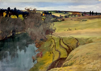 Река и поле. Сергеев К.Ф. 1969 год. Картон, гуашь. Размер 44х76 см. Сергеев Константин 