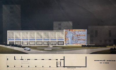 Эскиз мозаичного панно на фасаде. Ткаченко В.И. Бумага, тушь, смеш.техника.1971 год. Размер 