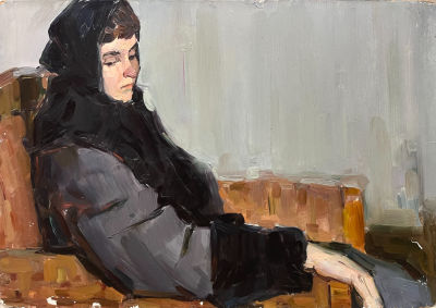 Портрет дамы в платке. Парамонов В.А. 1956 год. Картон, масло. Размер 35х50 см. ПАРАМОНОВ 