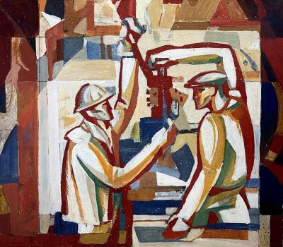 Эскиз панно "Рабочие монтажники" Ткаченко В.И. 1967 год. Бумага, карандаш, гуашь. Размер 42х50см. 