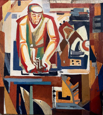 Эскиз панно "Рабочий у станка" Ткаченко В.И.1967 год. Бумага, карандаш, гуашь. Размер 55х50 см. 