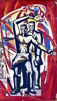 Эскиз панно "Наука и техника" Ткаченко В.И. 1977 год. Картон, гуашь, смешанная техника. Размер 