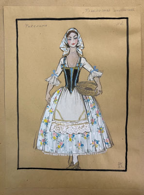 Эскиз наряда "Прекрасная мельничиха. Ракелина". 1985 год. Бумага, карандаш, гуашь, смешанная 