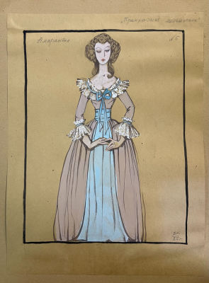 Эскиз наряда "Прекрасная мельничиха. Амаранта". 1985 год. Бумага, карандаш, гуашь, смешанная 