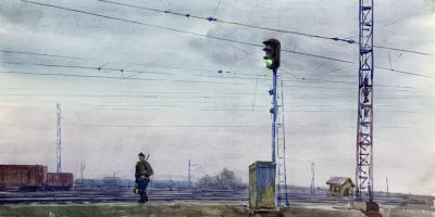 «Стрелочник» Дородницын В.П. Бумага, гуашь. Размер 32х63 см. Дородницын Вениамин Павлович