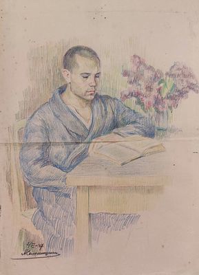 Солоницын А.П. "Малышев - приятель по гостинице в Риге" 1947 год. ГЗ23 Бумага, цветные 