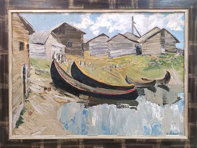 Малышев И.К. "На речке" 1987 РС23 Картон, масло. Размер 73х100 см. Малышев Иван Кондратьевич 
