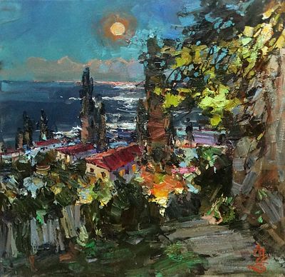 Поздеев С.А. "Вечер в Алупке" 2023 год. Холст, масло. Размер 40х40 см. Сергей Александрович 