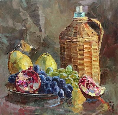 Поздеев С.А. "Натюрморт с плетеным кувшином" 2023 год. Холст, масло. Размер 40х40 см. Сергей 