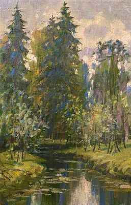 Сергеев К.Ф. "Река Воря в еловом лесу" БГ23 Холст, масло. Размер 60х40 см. Сергеев Константин 
