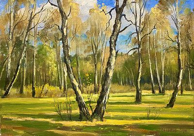 Овченков П.И. "Подмосковье. Мичуринское. Березки" 1994 год. БГ23 Холст, масло. Размер 25з35 см. 