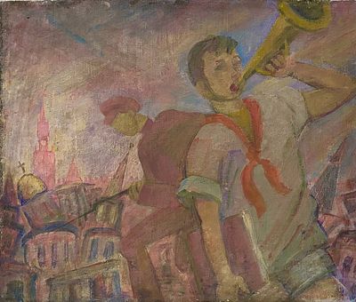 "Авангардная композиция с пионерами" Н.Х. Первая половина 20-го века. Холст, масло. Размер 40х47 см.