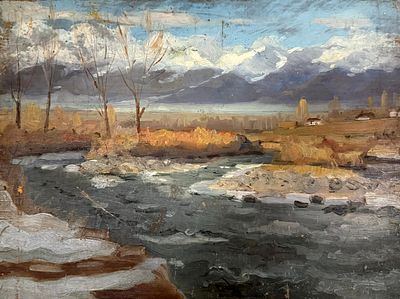 Незнайкин И.П. "Река у города" 1970-е годы. БГ23 Фанера, масло. Размер 27,5х37 см. Незнайкин 