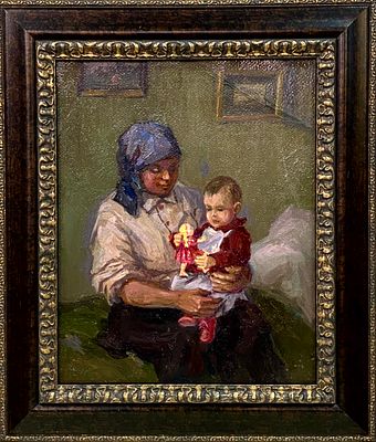 Ильин И.М. "Катюша и няня" 1952 год. РР23 Картон, масло. Размер 42х36 см. ИЛЬИН ИОСИФ 