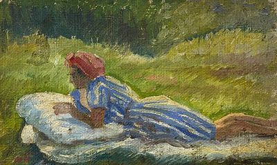 Пластов А.А. "На лугу" 1930-е годы. БГ23 Холст без подрамника, масло. Размер 25,4х38,7 см. По 
