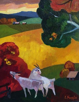 Киореску А.С. "Пейзаж с козами" 2024 год. Холст, масло. Размер 50х40 см. Подпись автора в 