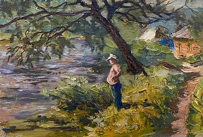 Гусев Ю.В. "Рыбак" 1950-е годы. АЛ23 Картон, масло. Размер 20,5х30 см. Гусев Юрий Викторович 