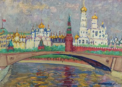 Хватов Н.Д. Эскиз к картине "Утро. Кремль. Соборы" 1981 год. АЛ23 Картон, масло. Размер 50х70 см. 