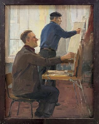 Гринюк И.А. "В доме творчества "Таруса"" 1968 год. АЛ23 Холст, масло. Размер 70х55 см. Гринюк 
