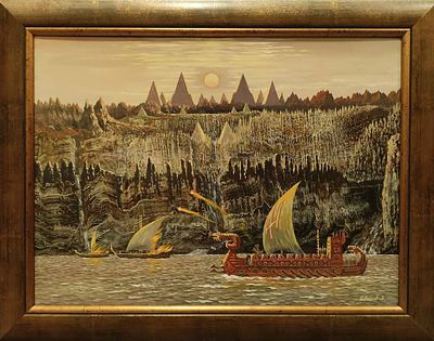 Иванов В.Б. "Защитник берегов Атлантиды. Накрыл пиратов" 2016 год. Оргалит, масло. Размер 3х40 см. 