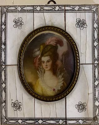 Н.Х. "Портрет девушки в шляпке" XIX век. МР23 Европа. Миниатюра на кости. Размер 5х4 см.