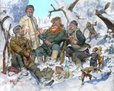 Чумаков-Орлеанский Владимир Викторович​​​​​​"ОХОТНИЧКИ" Холст, акрил. Размер 60х75 см. Родился 