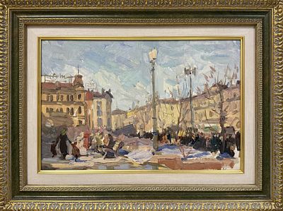 Акишин Е.М. "Петровка" 1955 г. АЛ23 Картон, масло. Размер 34,5х23 см. Акишин Евгений Михайлович 