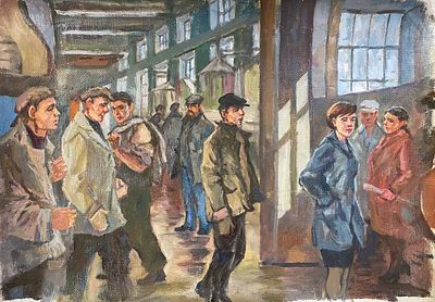 Ткаченко В.И. "Заводчане" 1960-е годы. РР23 Холст без подрамника, масло. Размер 35х50 см. Ткачен 