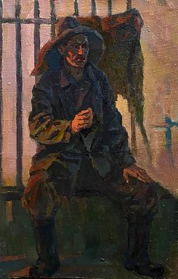 Иванов С.И. "Шахтер на обеде" 1940-е годы. АЛ23 Холст, масло. Размер 38х25 см. ИВАНОВ СЕРГЕЙ 