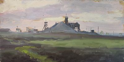 Козлинский А.А. "Вечер на шахтах" 1952 год. АЛ23 Картон, масло. Размер 15х29,5 см. КОЗЛИНСКИЙ 