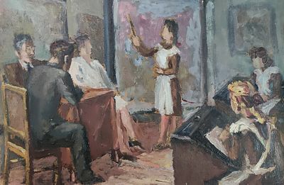 Деревянных Н.В. "На уроке" 1950-е годы. АЛ23 Картон, масло. Рамзер 24х36 см. Деревянных Николай 