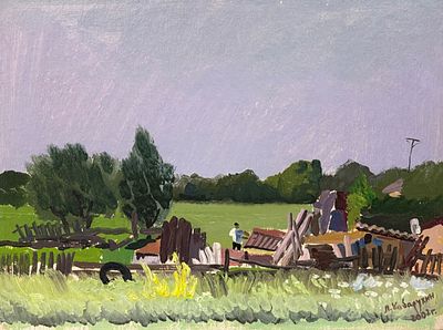 Кабарухин Л. А. "В деревне" 2002 г. БГ23 Картон, масло. Размер 27х20 см. Леонид Андреевич 
