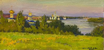 Гололобов Е.В. "Храмы Сызрани" 2024 год МР23 Картон, масло. Размер 20х40 см. Гололобов Евгений 