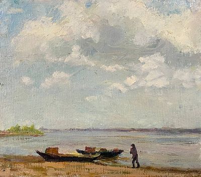 Солоницын А.П. "Лодки у берега" 1950-е годы. МР23 Картон, масло. Размер 25х29 см. Двусторонняя 