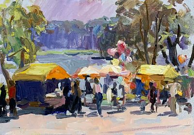 Петров Ю.Г. "Праздник в парке" 1950-е годы. Картон, масло. Размер 16,3х23 см. Петров Юлий 