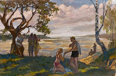 Иванов С.И. "Отдых на берегу" 1963 год. АЛ23 Картон, масло. Размер 22,5х33,5 см. ИВАНОВ СЕРГЕЙ 