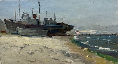 Касторская Г.С. "На ремонте" 1960-е годы. АЛ23 Картон, масло. Размер 27,5х49,3 см. Касторская 