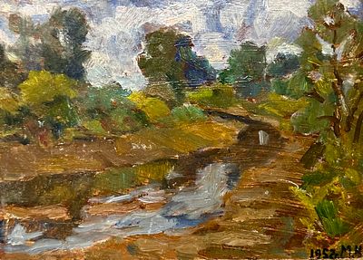 Мельников Н.М. &laquo;Речка в лесу&raquo; 1952 год. БГ23 Картон, масло. Размер 15,5х21,5 см. Мельников 