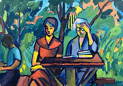 Шиловская Т.А. "В саду" 1961 год. АЛ23 Картон, масло. Размер 35х50 см. Шиловская Тамара 