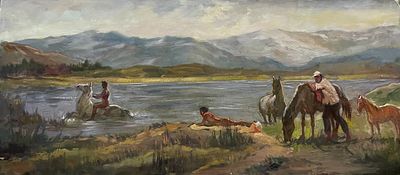 Незнайкин И.П. "Купание коней" 1970-е годы. АЛ23 Картон, масло. Размер 40х90 см. Незнайкин Иван 