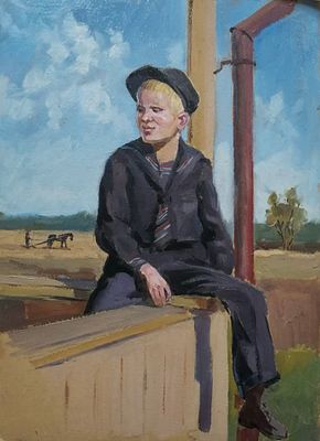 Старчиков Б.А. "Мальчик на крыльце" 1950-е годы. (55) АЛ23 Картон, масло. Размер 35х24,5 см. Ста 