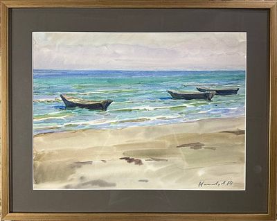 Ленивцев В.А. "Три лодки в море" 1974 год. КЗ23 Бумага, акварель. Размер 34х46 см. Подпись 