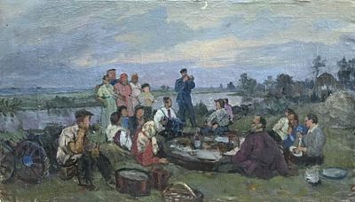 Морозов К.Ф. "Колхозники" АЛ23 Холст, масло. Размер 52х80 см. Морозов Константин Феофанович 