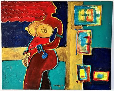 OUSHEN חתום. קולאז' ושמן על בד. "דמות אישה ערומה ושיערה מתבדר ברוח". מתוארך 1999. מידות: 65X84 ס"מ.