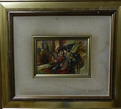 אמן לא מזוהה. שמן על בד. חתום בלעז. "הנגנים הצעירים". ממוסגר במסגרת תקופתית. מידות: 24X15 ס"מ.