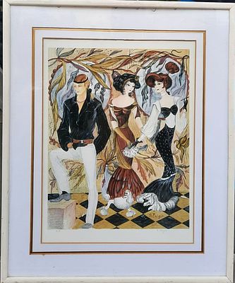 S. FEIGIN - ס. פייגין. ליטוגרפיה A.P. חתומה בלעז. "דמויות בלבוש חגיגי". עבודת ניסיון. ממוסגרת. 