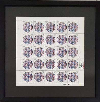 יעקב אגם. ליטוגרפיה. חתומה בעברית ובאנגלית. "בולים". ממוסגרת. מידות: 29X29 ס"מ.