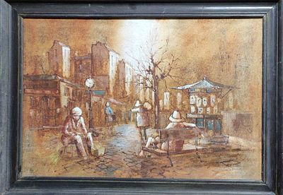 אמן לא מזוהה. חתום. שמן על בד. "סצנה בפינת רחוב בפריז". ממוסגר במסגרת תקופתית. מידות: 90X60 ס"מ.