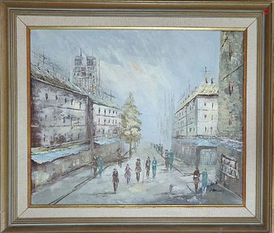 שמן על בד. חתום. אמן לא מזוהה. "פריז ונוטרדאם ברקע". ממוסגר במסגרת מושקעת. מידות: 52X63 ס"מ.